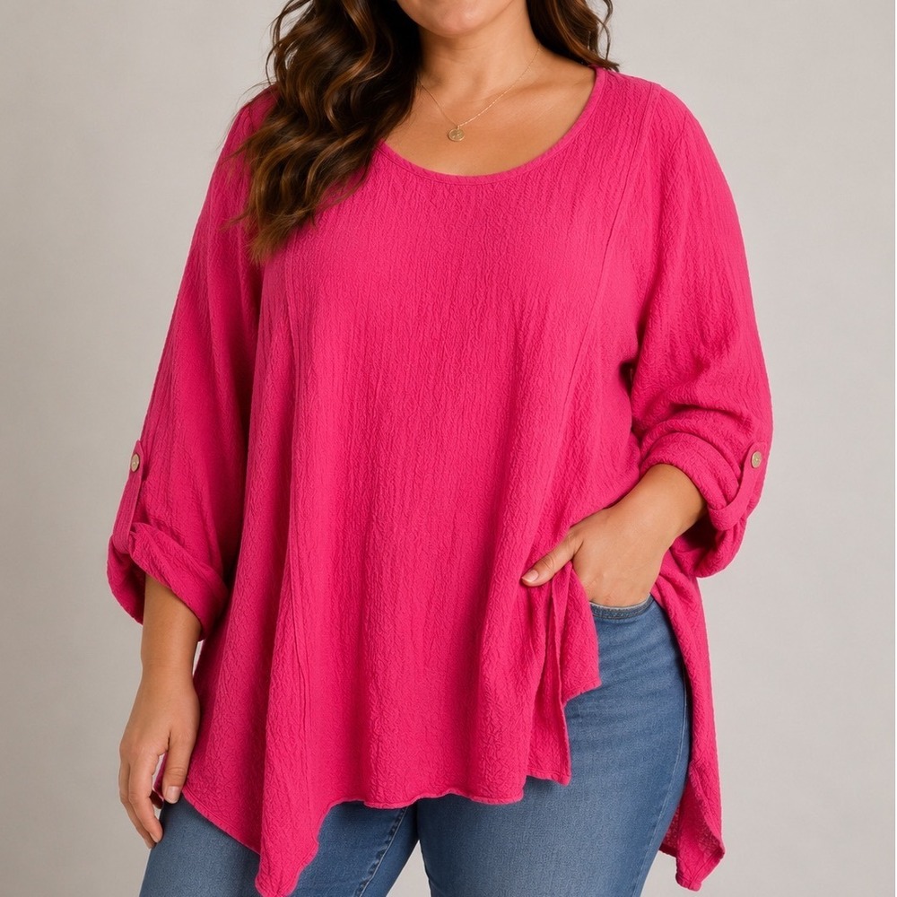 Ali Miles Textured Tunic Top 2X Hot Pink Roll Tab Sleeve Plus Size Travel Blouse